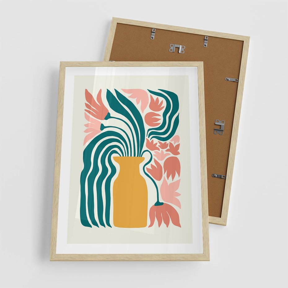 Plakat w ramie 50x70 - Kolorowe Pasmo - abstrakcyjne kwiaty w wazonie, pdastelowe kolory - rama drewno