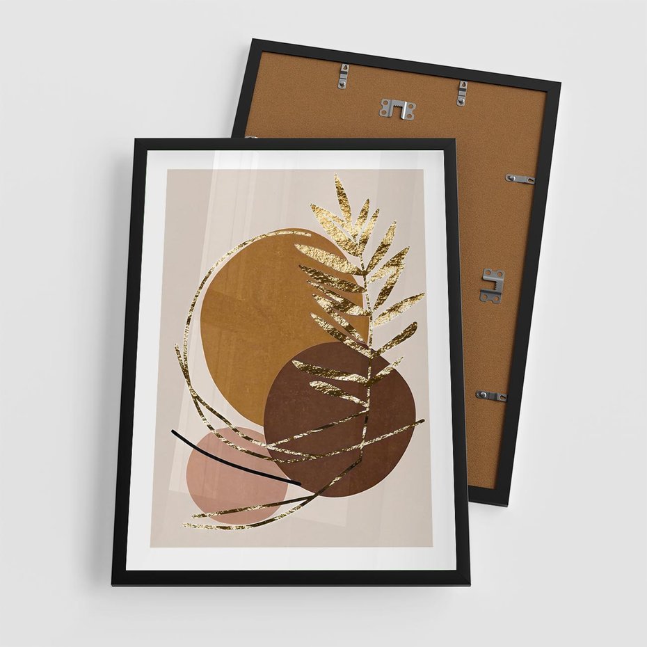 Plakat w ramie 50x70 - Taniec Przenikających Odbić - abstrakcyjny obraz, złote liście palmy - rama czarna