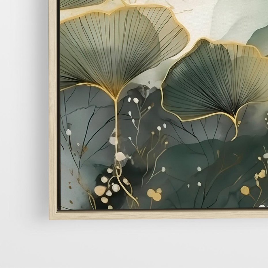 Obraz w ramie 50x50 - Natura w Złotym Odcieniu - złote elementy, liście miłorzębu japońskiego - rama drewno