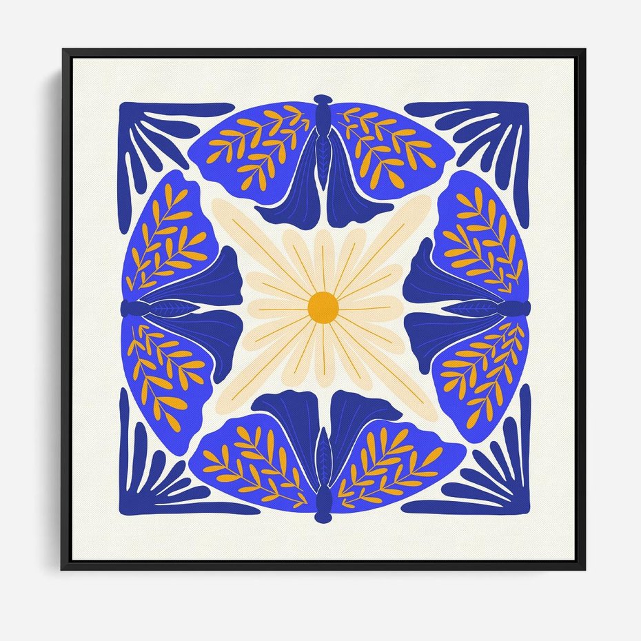 Obraz w ramie 50x50 - Księga Abstrakcji - abstrakcyjna boho kompozycja, granatowe ćmy - rama czarna