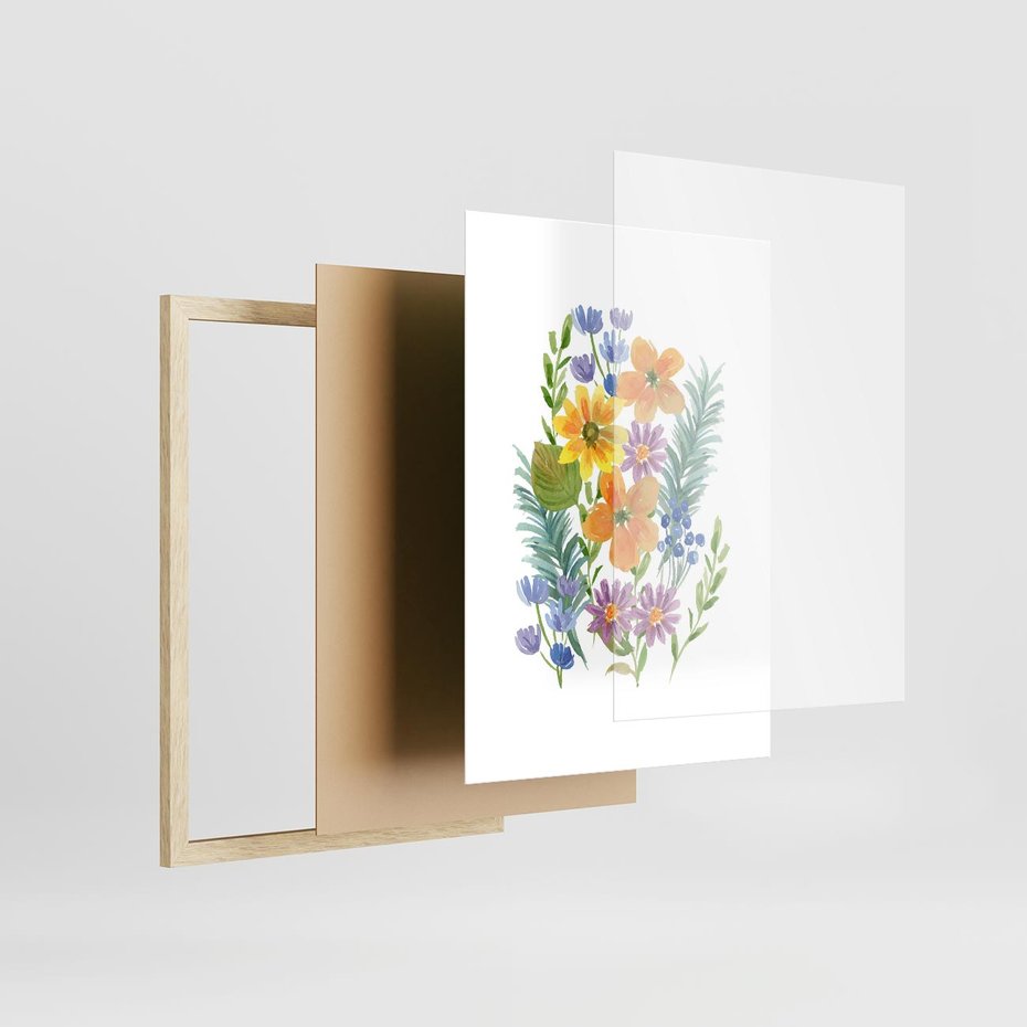 Plakat w ramie 30x40 - Migocące Widoki Kwiatów - akwarelowe polne kwiaty, minimalistyczny plakat - rama drewno