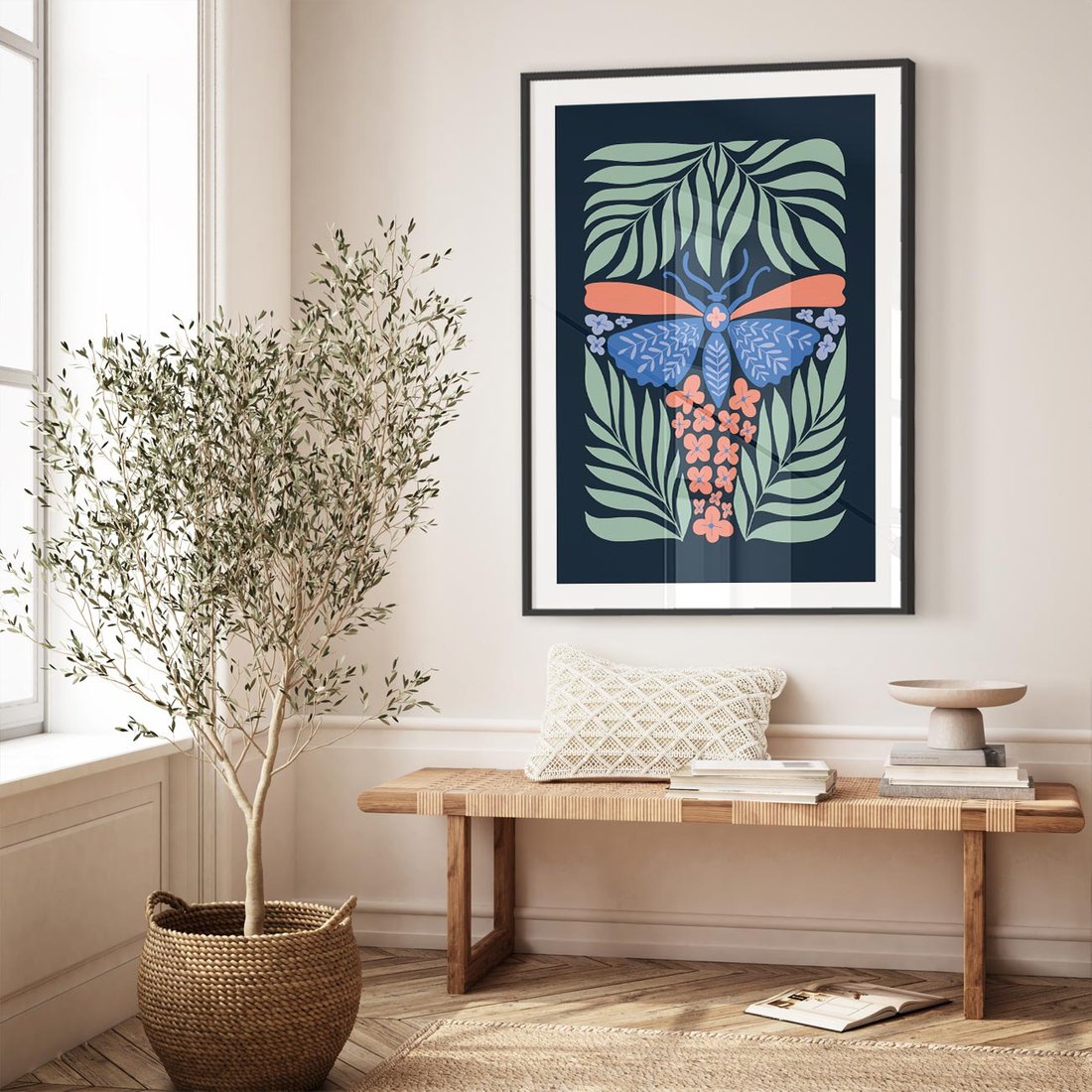 Plakat w ramie 40x50 - Granatowa Noc - granatowe tło, abstrajcyjna ćma - rama czarna