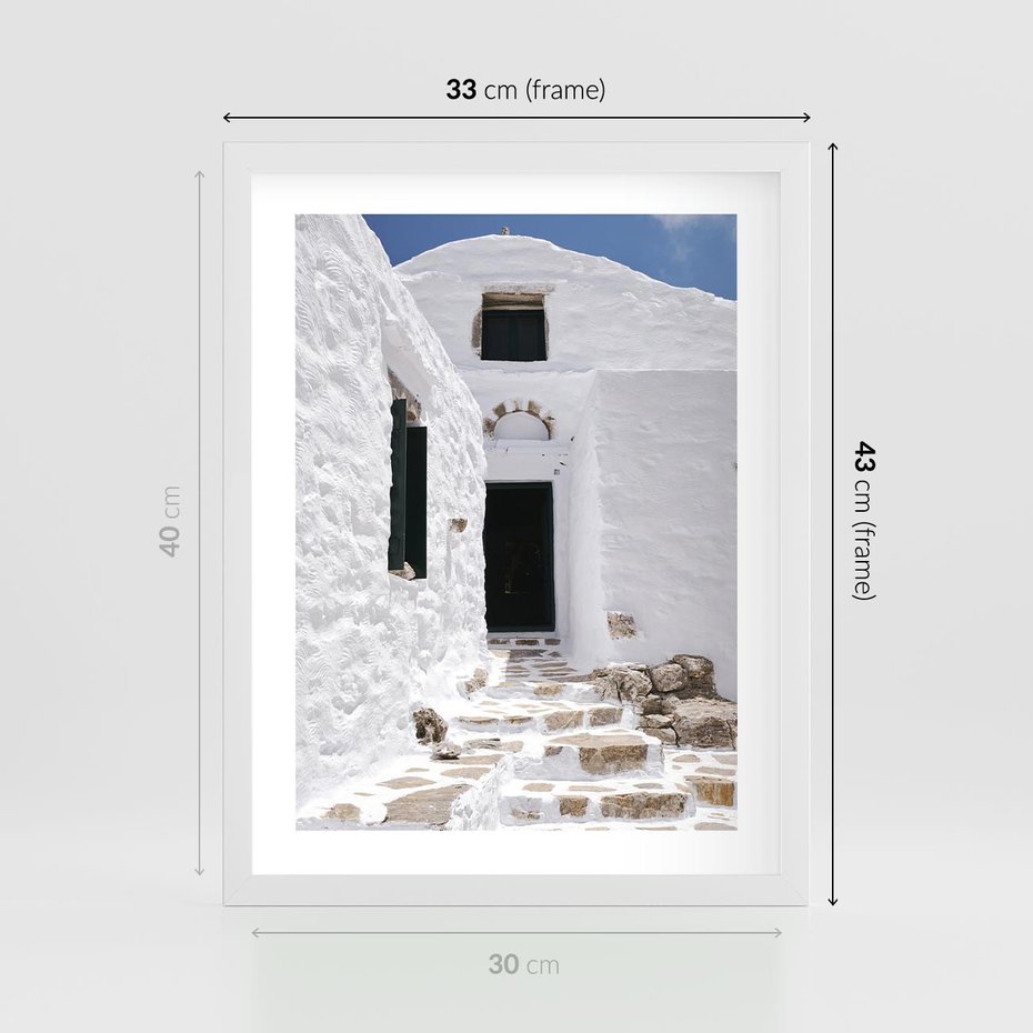 Plakat w ramie 30x40 - Santorini - Grecja błękitem malowana - Santorini, Grecja - rama biała