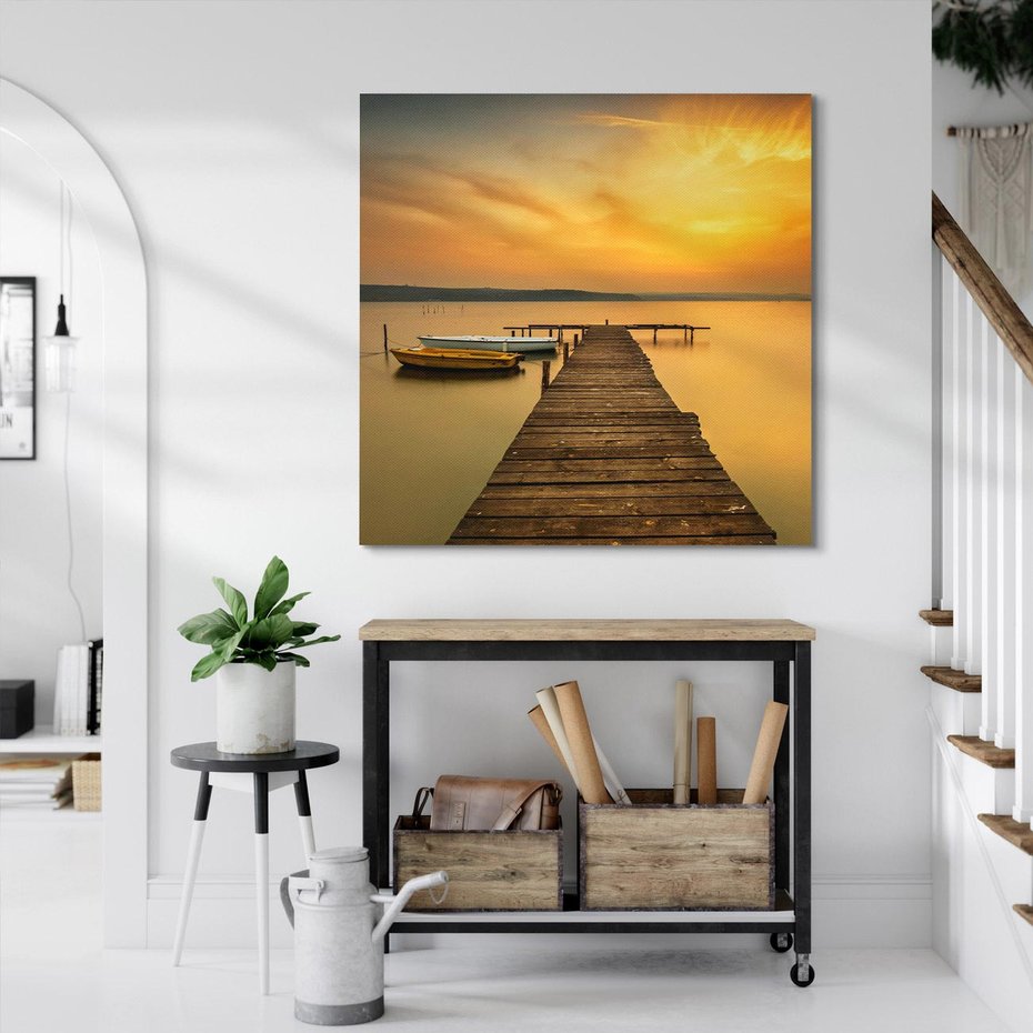 Obraz na płótnie 80x80 - Zachód słońca nad jeziorem: Piękno natury - zachód, słońca