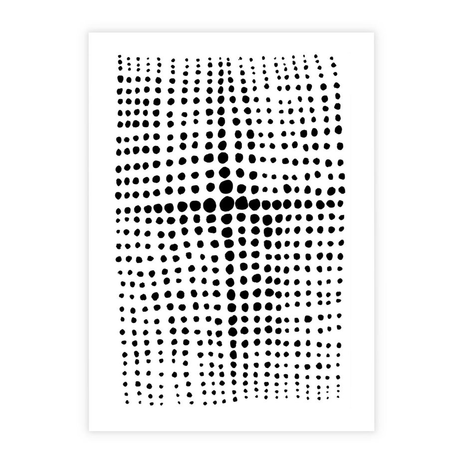 Plakat bez ramy 50x70 - Refleksje Monochromatycznych Widoków - abstrakcyjna kompozycja z czarnych kropek, minimalistyczny czarno bialy plakat