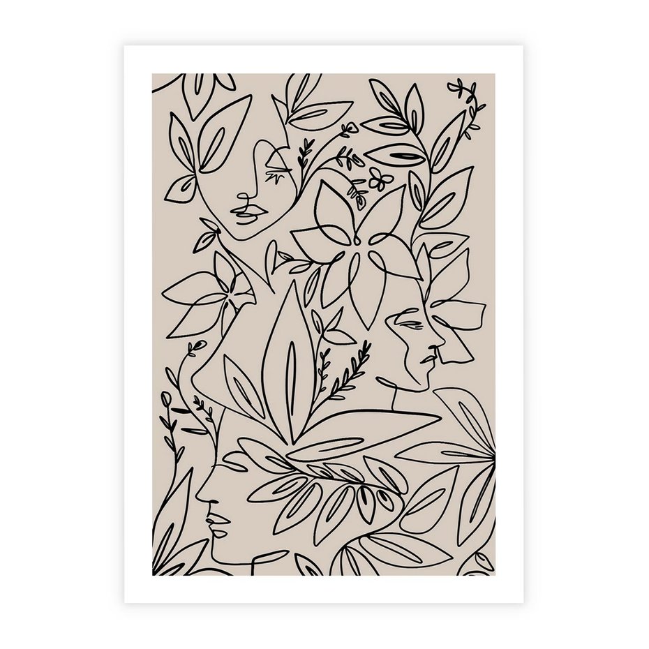 Plakat bez ramy 30x40 - Kobiecy Portret Duszy - beżowe tło, czarny szkic nowoczesnych kwiatów