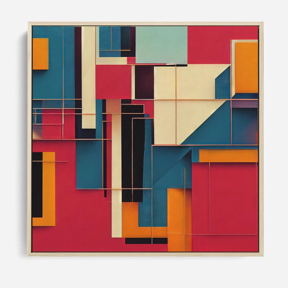 Obraz w ramie 50x50 - Przejście przez labirynt myśli - kolorowa abstrakcja, instalacja z prostokątów i lini - rama drewno