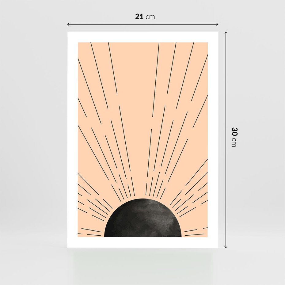 Plakat bez ramy 21x30 - Migocące Kształty Promieni - boho czarne słońce, nowoczesna grafika
