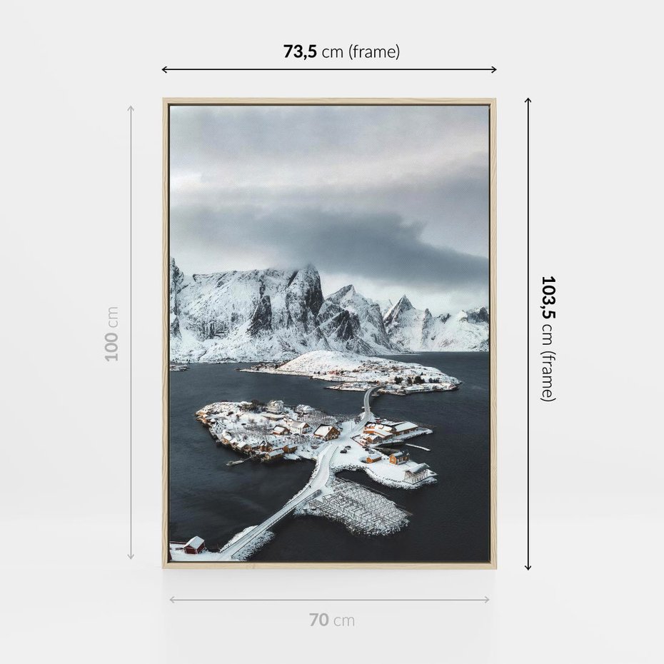 Obraz w ramie 70x100 - Ciepło i Urok Północy - skandynawskie, domki - rama drewno