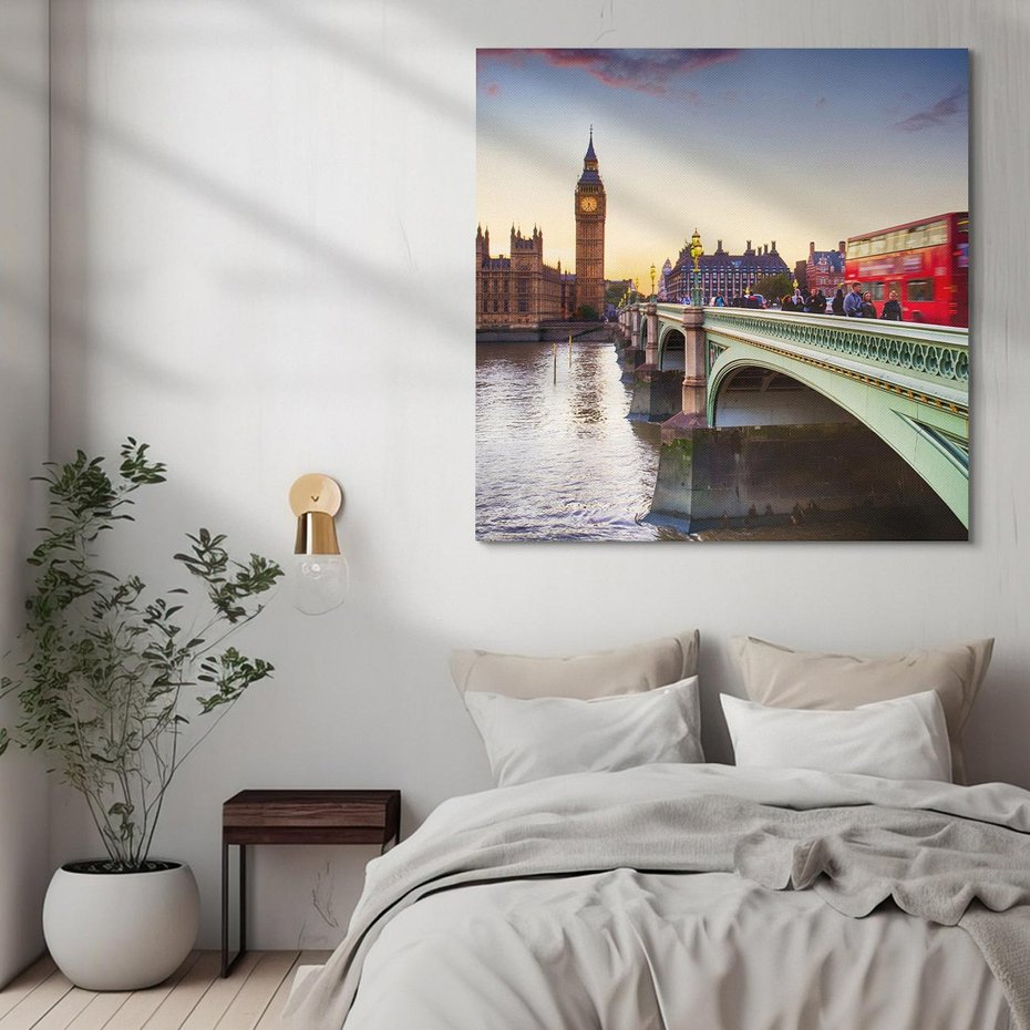 Obraz na płótnie 40x40 - London Calling: Autobus i Big Ben - Londyn, autobus