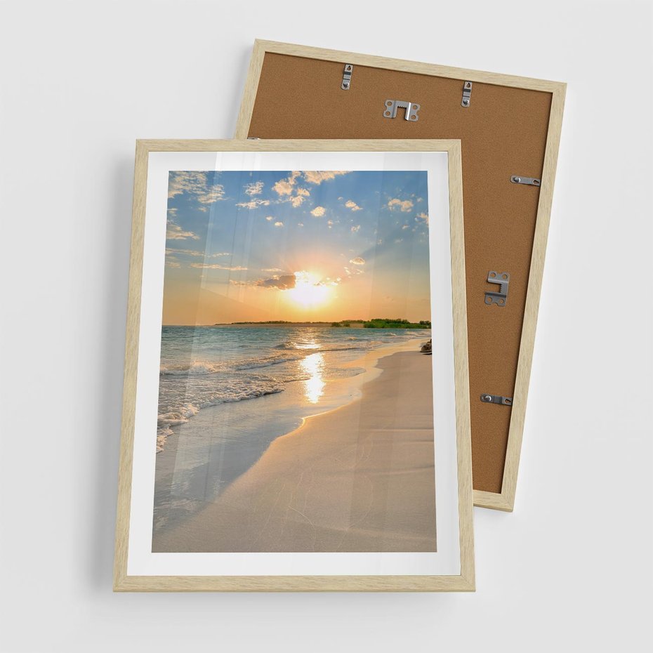 Plakat w ramie 50x70 - Zachód słońca na plaży - plaża, zachód - rama drewno