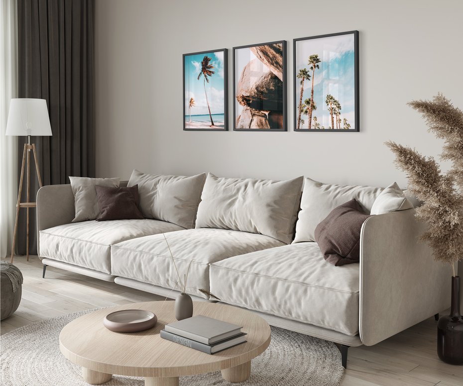 Zestaw obrazy w ramie 30x40 galeria - Palmy, plaża, morze, skały, lato - rama czarna