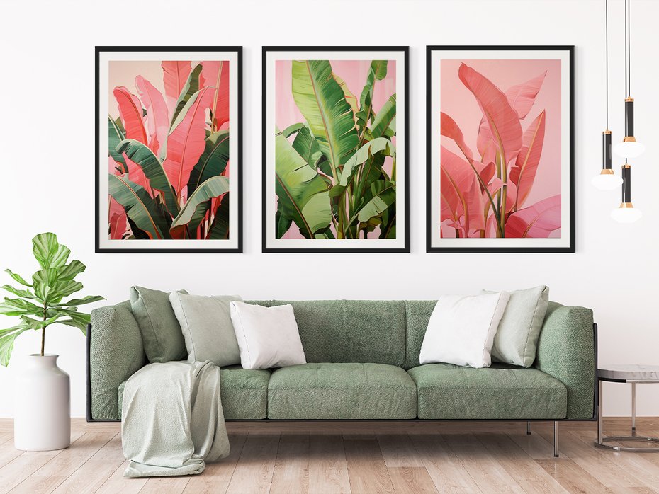 Zestaw obrazy w ramie 50x70 galeria - liście, tropikalne, bananowiec - rama czarna