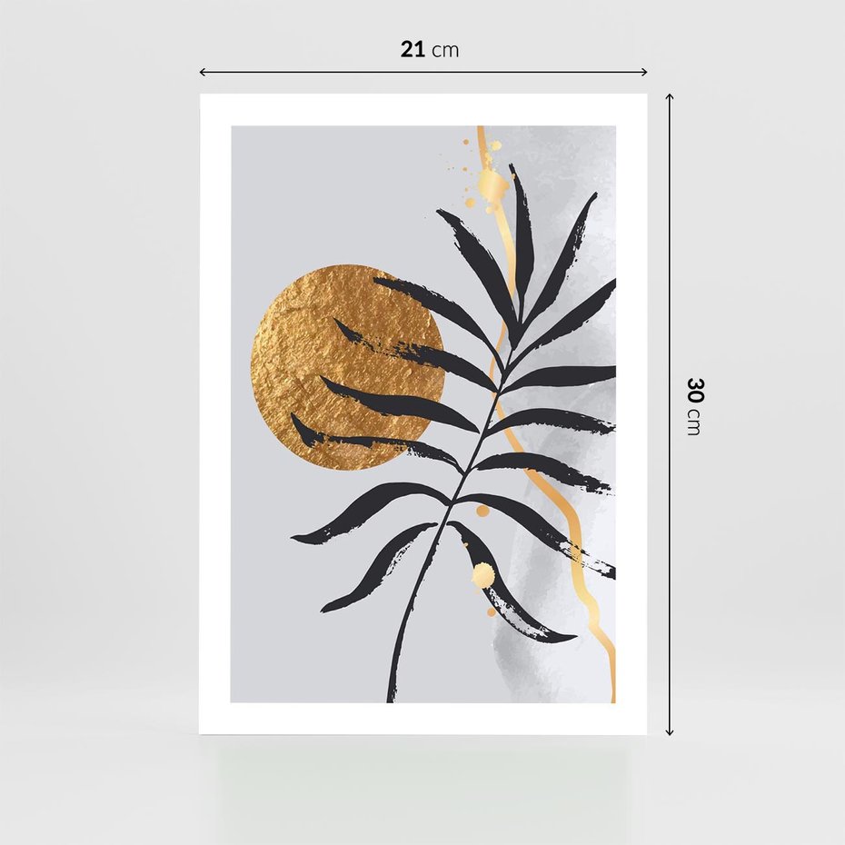 Plakat bez ramy 21x30 - Grafika z Czarnym Liściem Palmy - czarny liść palmy, złóte kołó