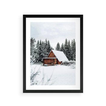 Plakat w ramie 30x40 - Ujęcie zimy w Górach - domek w górach w zimie, śnieg - rama czarna