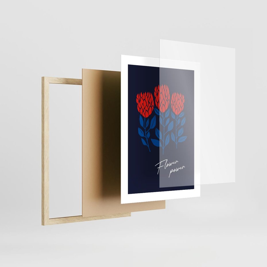 Plakat w ramie 30x40 - Podróżne Barwy - czerwone abstrakcyjne kwiaty, granatowe tło - rama drewno