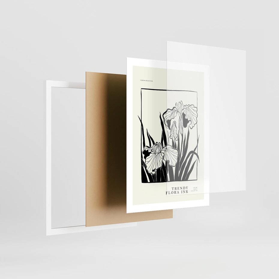 Plakat w ramie 50x70 - Spojrzenia na szkicowaną przeszłość - kwiaty, typografia - rama biała