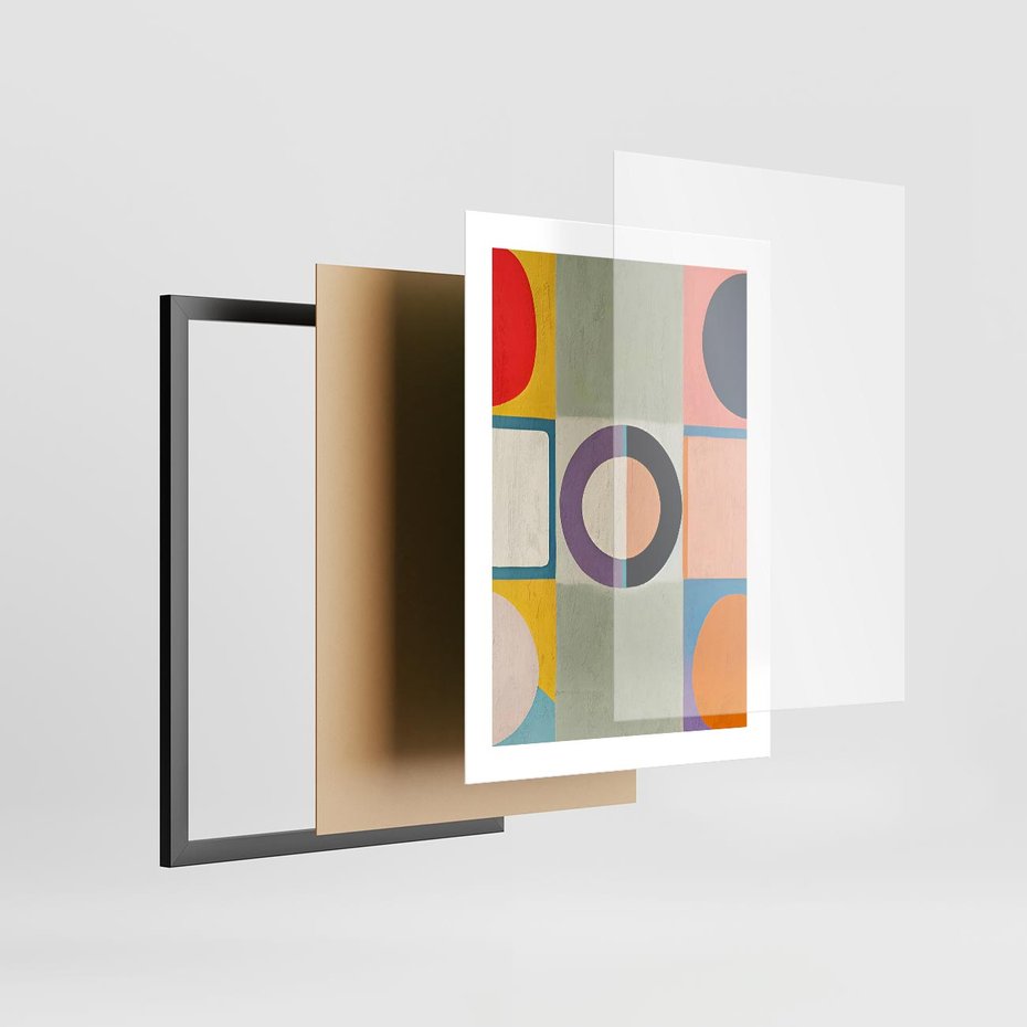 Plakat w ramie 30x40 - Taniec Kształtów Emocji - abstrakcyjne geometryczne kształty, olejny obraz - rama czarna