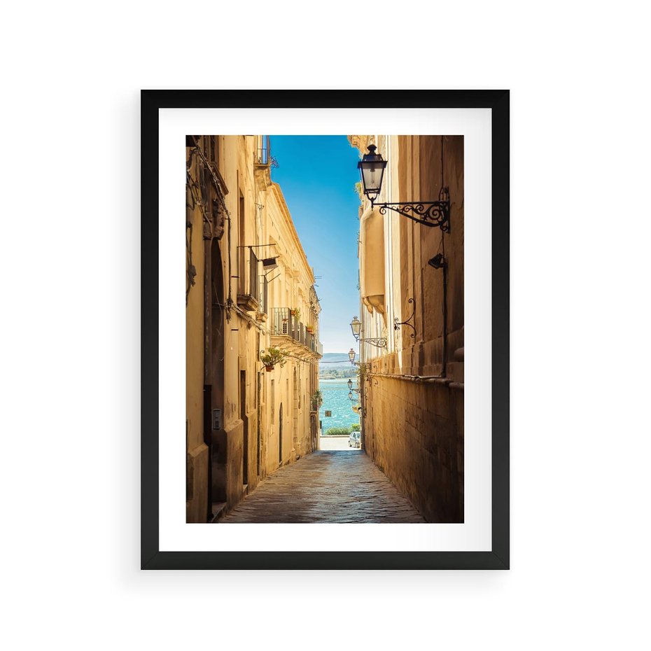 Plakat w ramie 30x40 - Perspektywa magicznej uliczki - uliczka, perspektywa - rama czarna