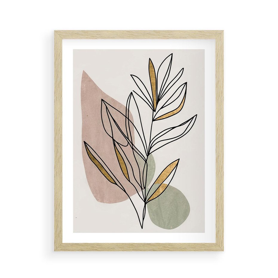 Plakat w ramie 50x70 - Impulsy Subtelnej Harmonii - abstrakcyjny obraz boho, liście - rama drewno