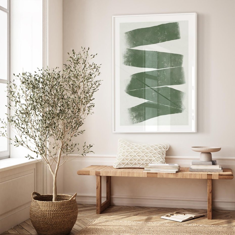 Plakat bez ramy 30x40 - Zielone Refleksje - abstrakcja, zgaszony zielony kolor