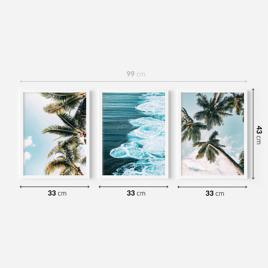 Zestaw obrazy w ramie 30x40 galeria - Tropikalna, plaża, morze, palmy - rama biała