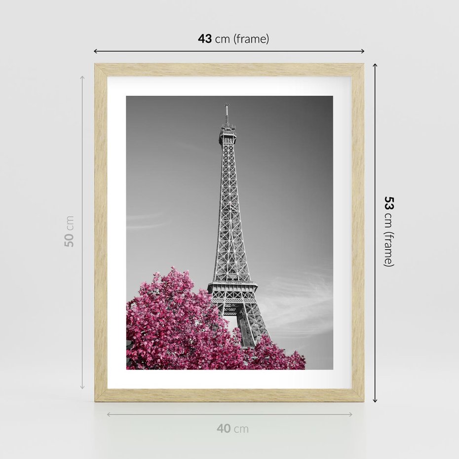 Plakat w ramie 40x50 - Różowy Paryż - czarno białe zdjęcie, wieża eiffla - rama drewno