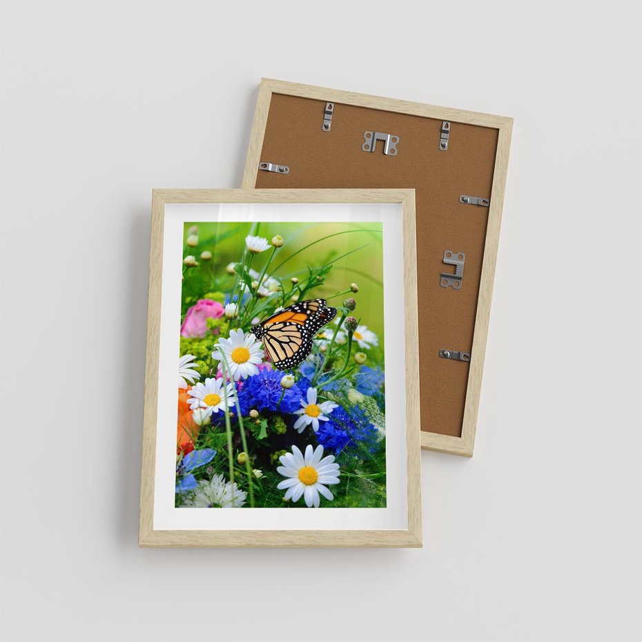 Plakat w ramie 30x40 - Kwiatowy Taniec - motyl, kwiaty - rama drewno