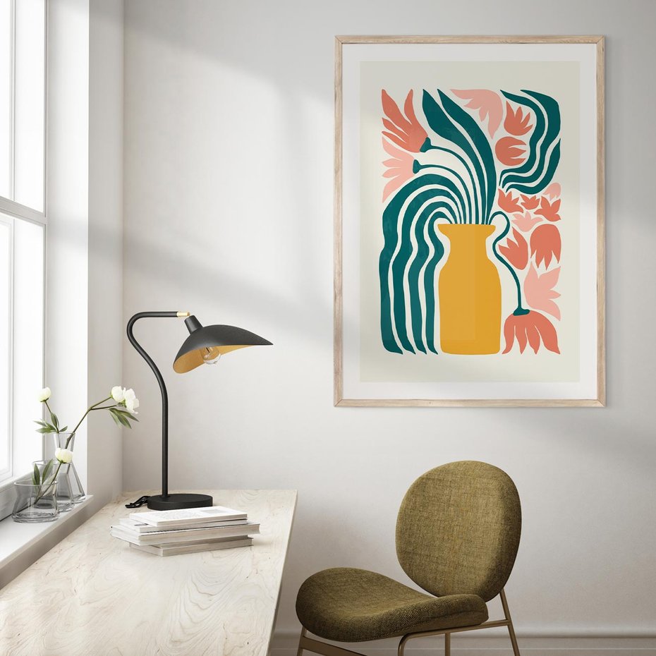 Plakat w ramie 30x40 - Kolorowe Pasmo - abstrakcyjne kwiaty w wazonie, pdastelowe kolory - rama drewno