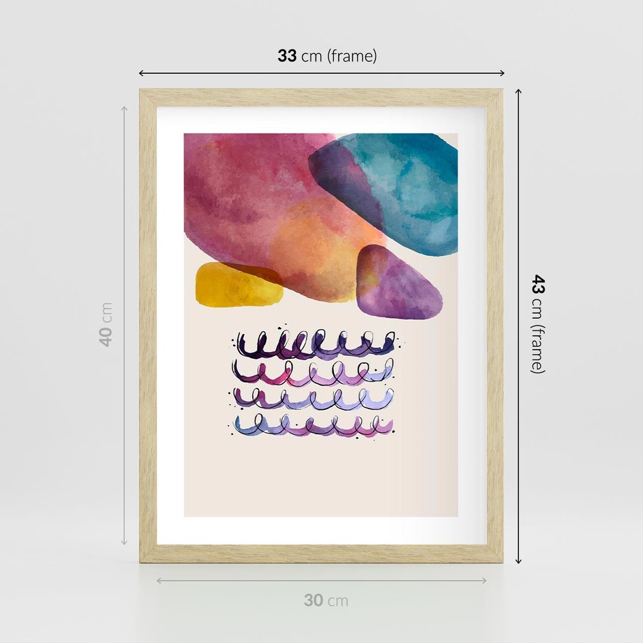 Plakat w ramie 30x40 - Impresje Akwarelowej Przestrzeni - kolorowe pastelowe plamy, rozmyte żywe kolory - rama drewno