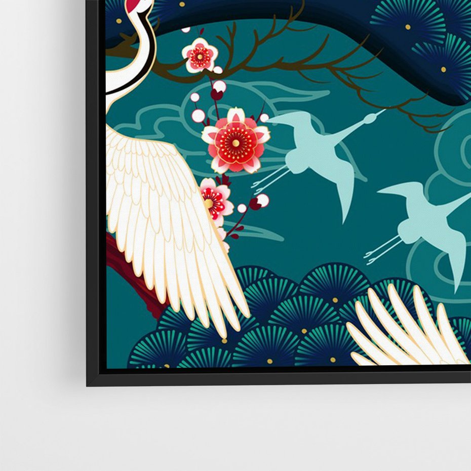 Obraz w ramie 70x100 - Żurawie Wachlarze - orientalne japońskie żurawie, grafika - rama czarna