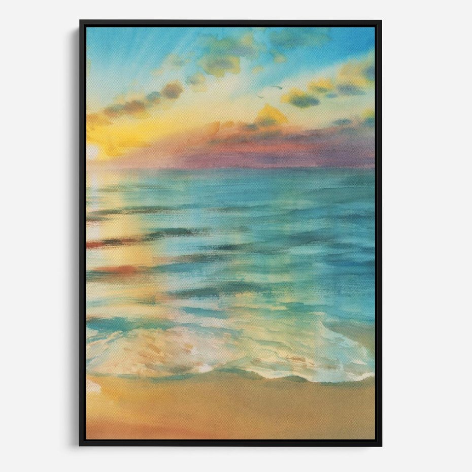 Obraz w ramie 50x70 - Objawienie Fioletowego Świtu - fioletowy wschód słońca, słońce wschodzi nad morzem - rama czarna