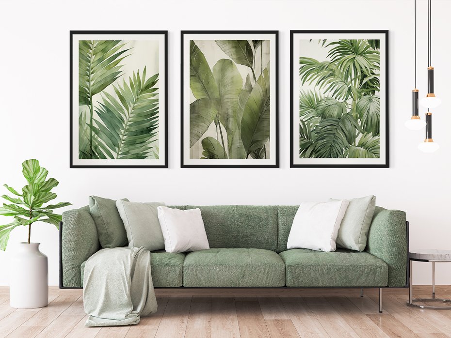 Zestaw obrazy w ramie 50x70 galeria - tropikalne, liście, palmy, bananowiec - rama czarna