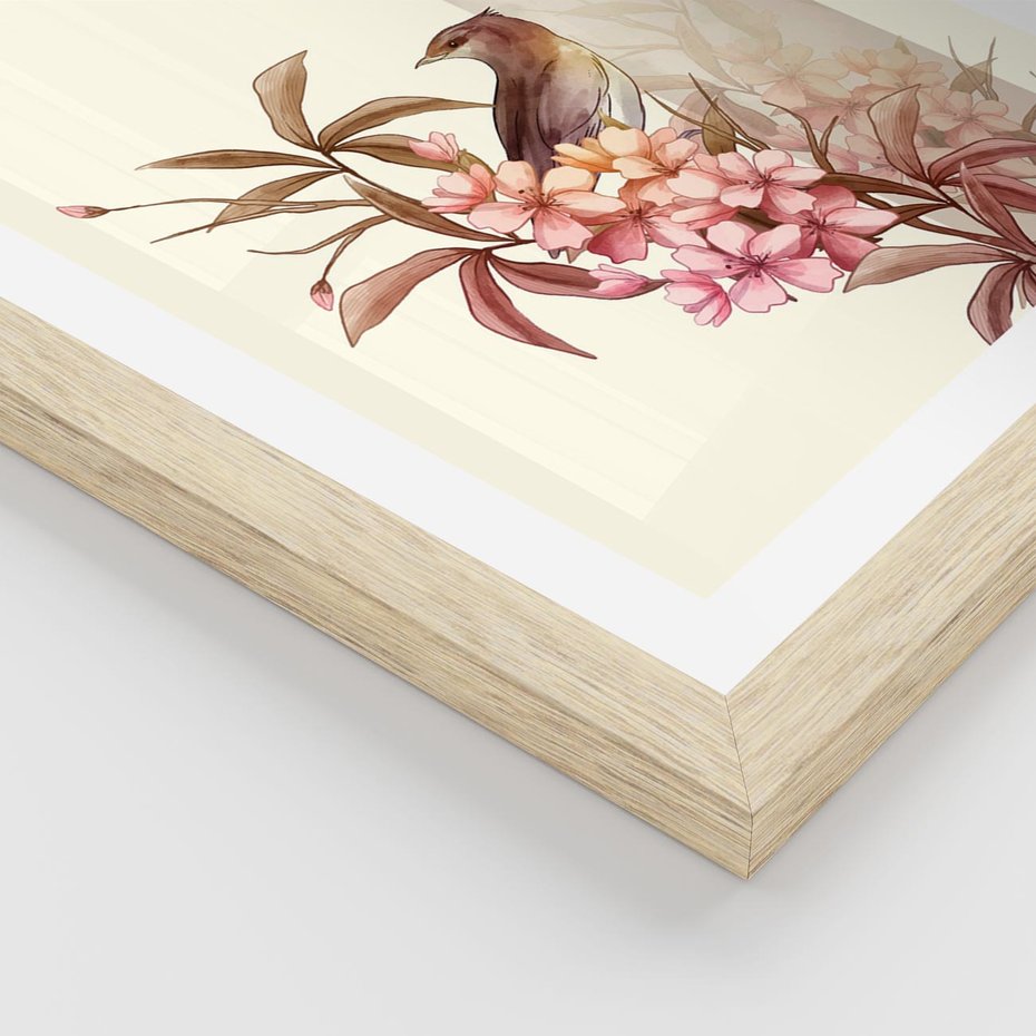 Plakat w ramie 50x70 - Kwiatowe Zanurzenie - japońska sztuka, ptak - rama drewno