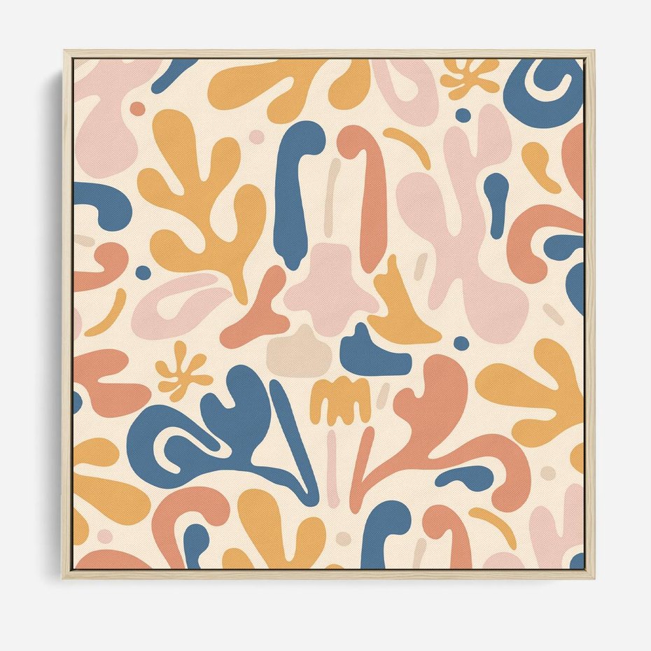 Obraz w ramie 80x80 - Symfonia Radosnych Barw - abstrakcyjne pastelowe formy, nowoczesna grafika w stylu boho - rama drewno