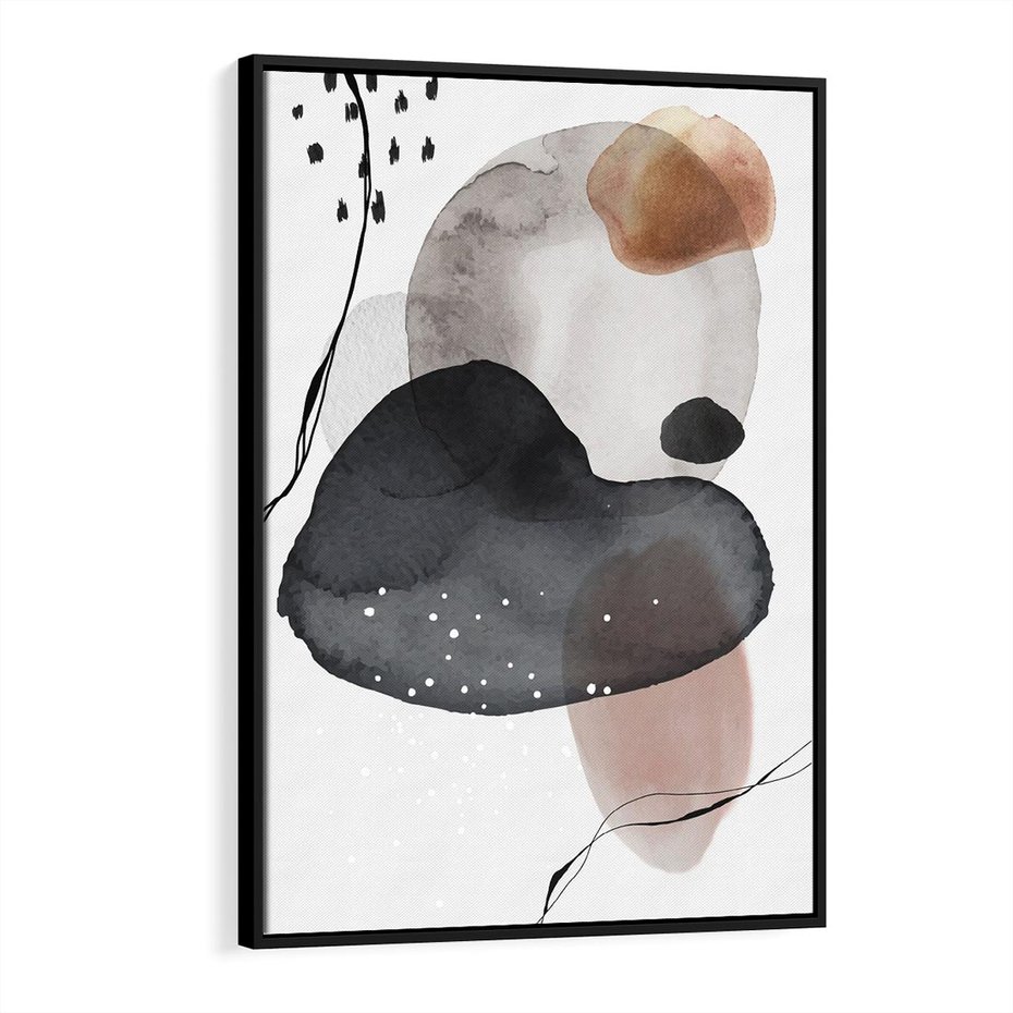 Obraz w ramie 70x100 - Impresje Harmonii - abstrakcyjne plamy akwarelowe, czarny szkic - rama czarna