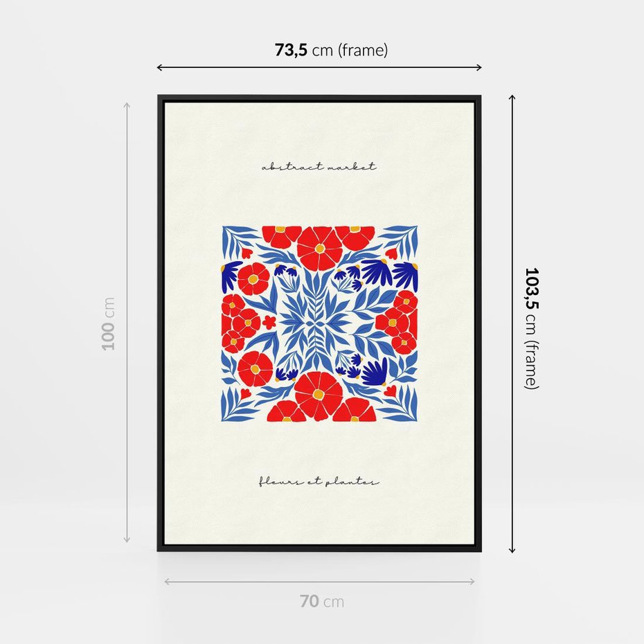 Obraz w ramie 70x100 - Tajemnicza Droga - nowoczesna kwiatowa kompozycja, czerwony i niebieski - rama czarna