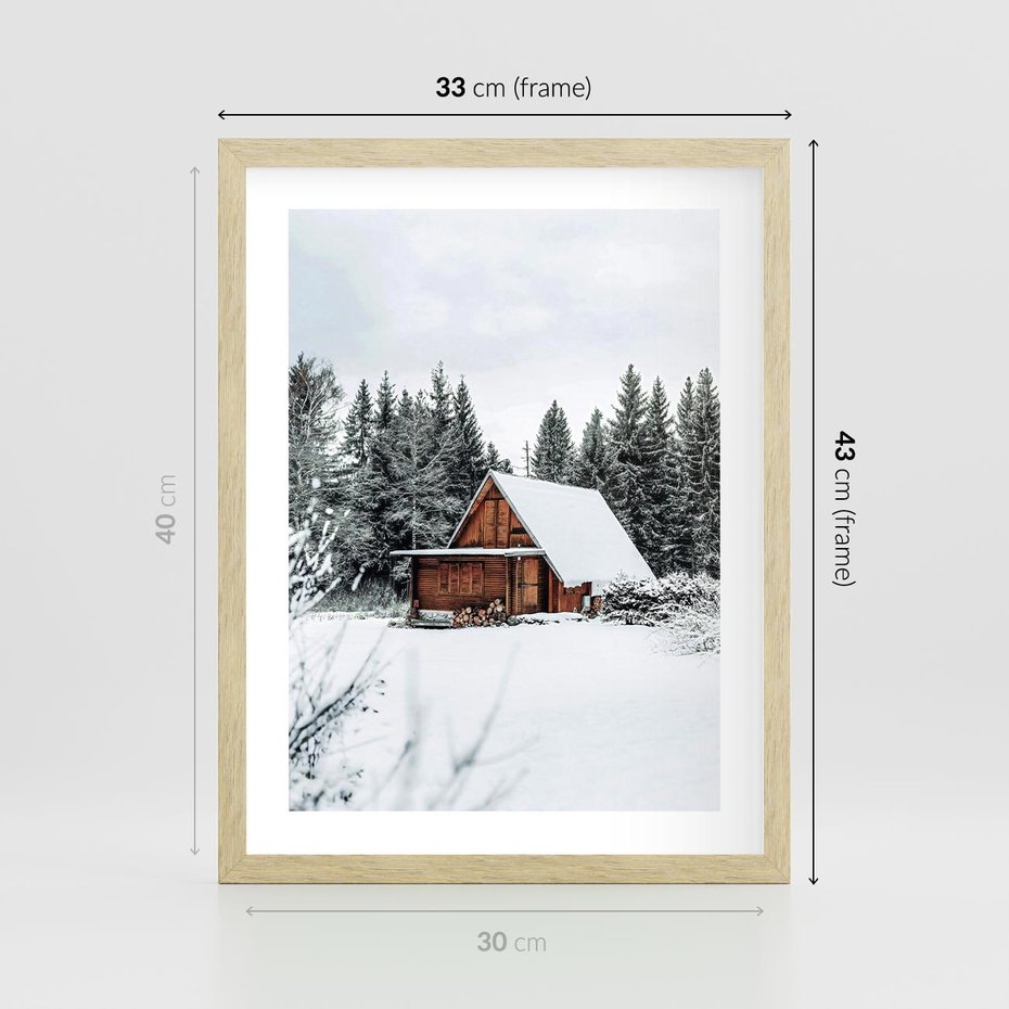 Plakat w ramie 30x40 - Ujęcie zimy w Górach - domek w górach w zimie, śnieg - rama drewno
