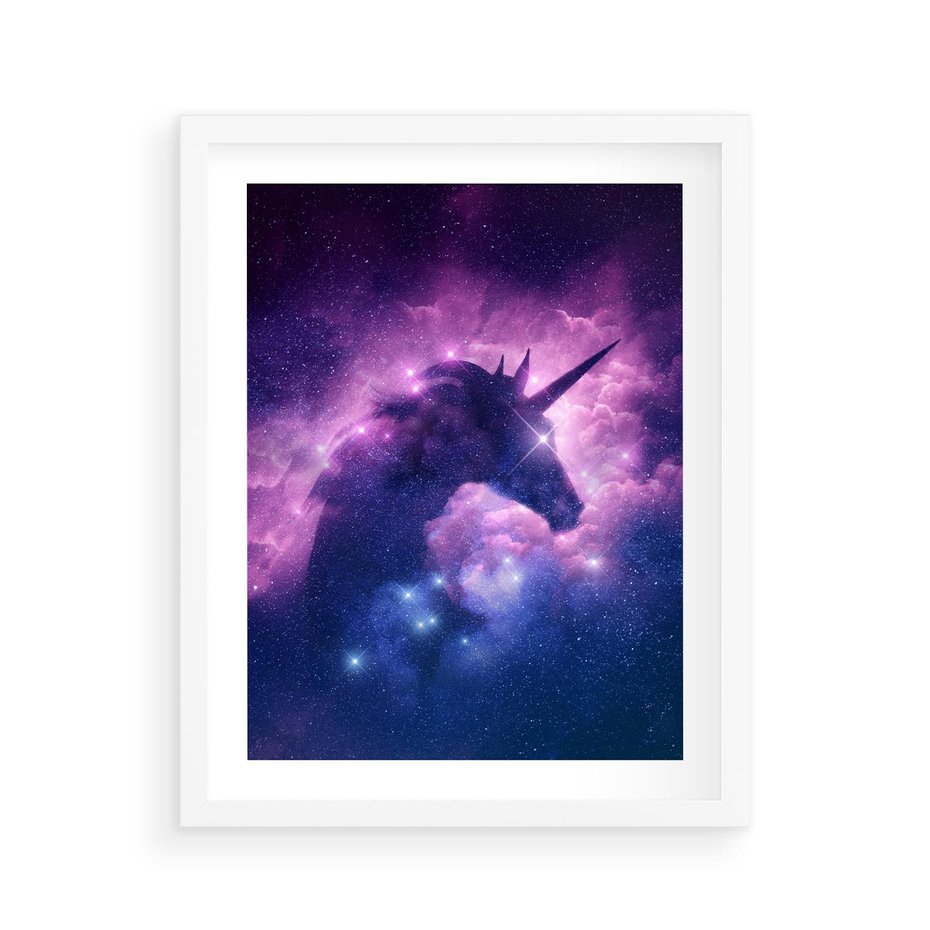 Plakat w ramie 40x50 - Mityczna podróż - kosmos, jednorożec - rama biała