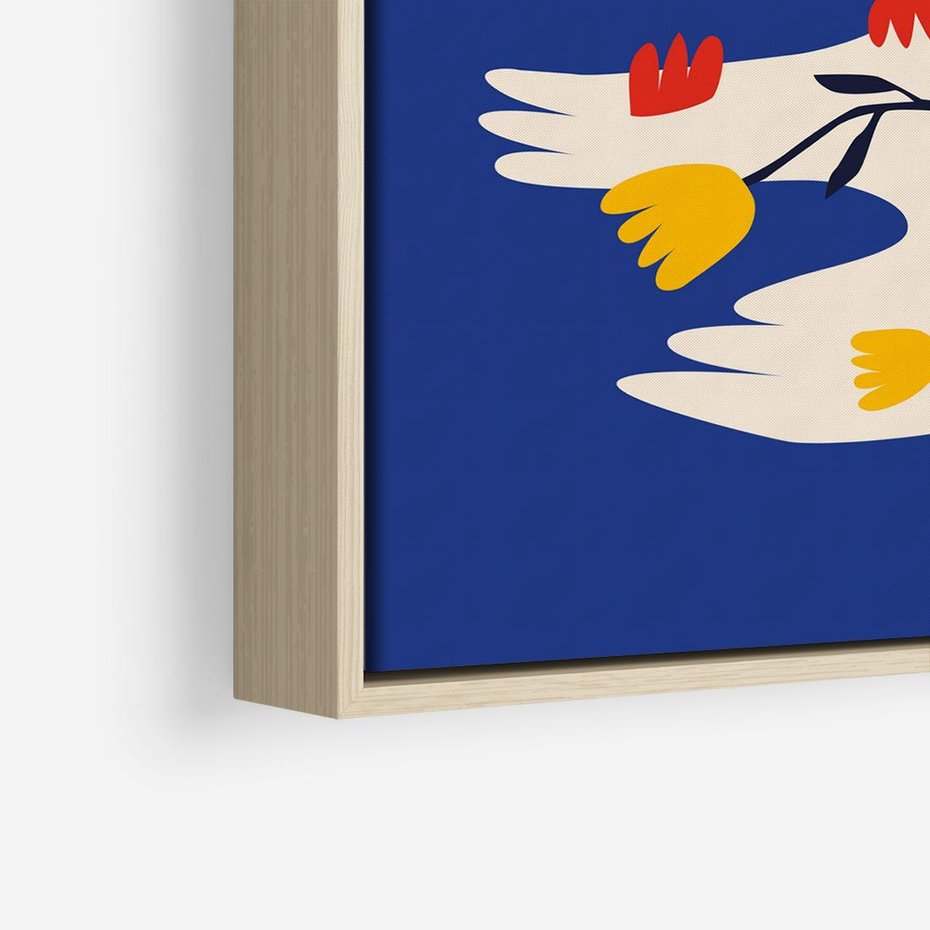 Obraz w ramie 80x80 - Bezczasowy Szept - niebieskie tło, abstrakcyjny biały ptak - rama drewno