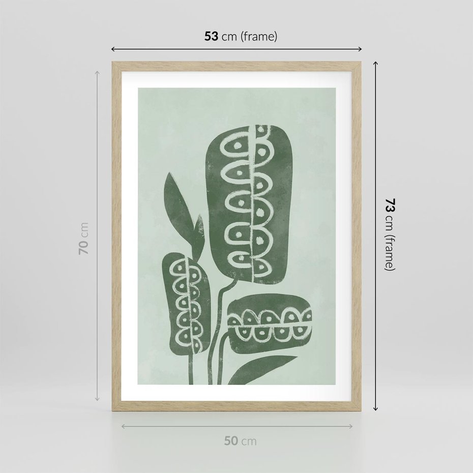 Plakat w ramie 50x70 - Nurtująca Zieleń - abstrakcyjny zielony motyw, skandynawski design - rama drewno