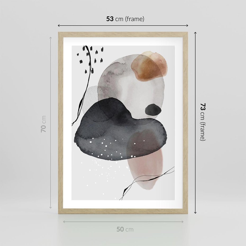 Plakat w ramie 50x70 - Impresje Harmonii - abstrakcyjne plamy akwarelowe, czarny szkic - rama drewno