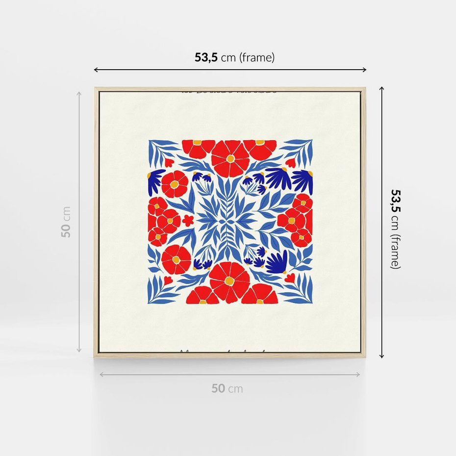 Obraz w ramie 50x50 - Tajemnicza Droga - nowoczesna kwiatowa kompozycja, czerwony i niebieski - rama drewno