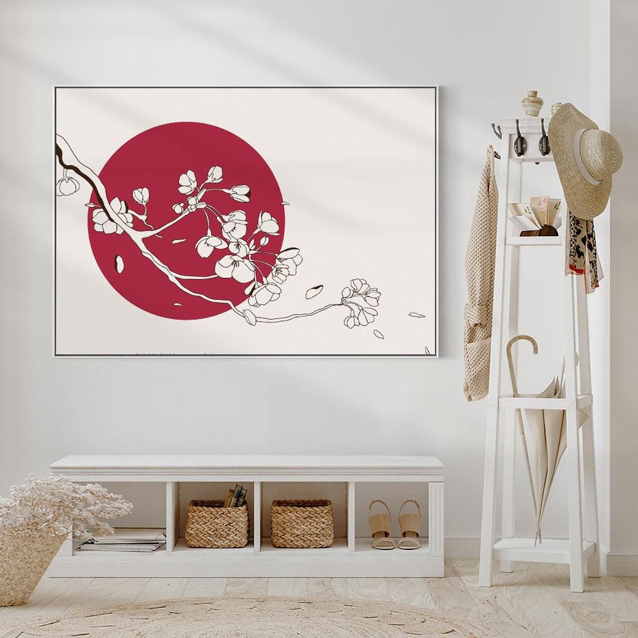 Obraz w ramie 100x70 - Esencja Zen - kwiatnąca wiśnia, orientalna grafika - rama biała