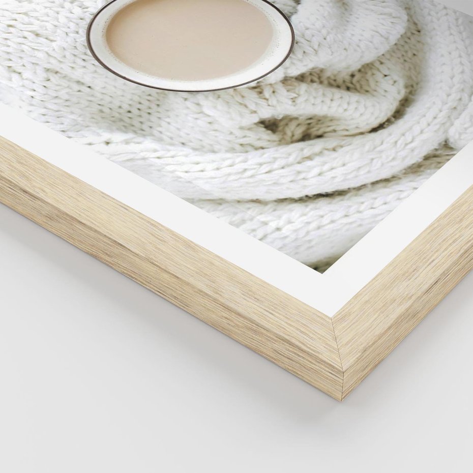 Plakat w ramie 30x40 - Kawa na Wełnianym Kocu - kawa, biały wełniany koc - rama drewno