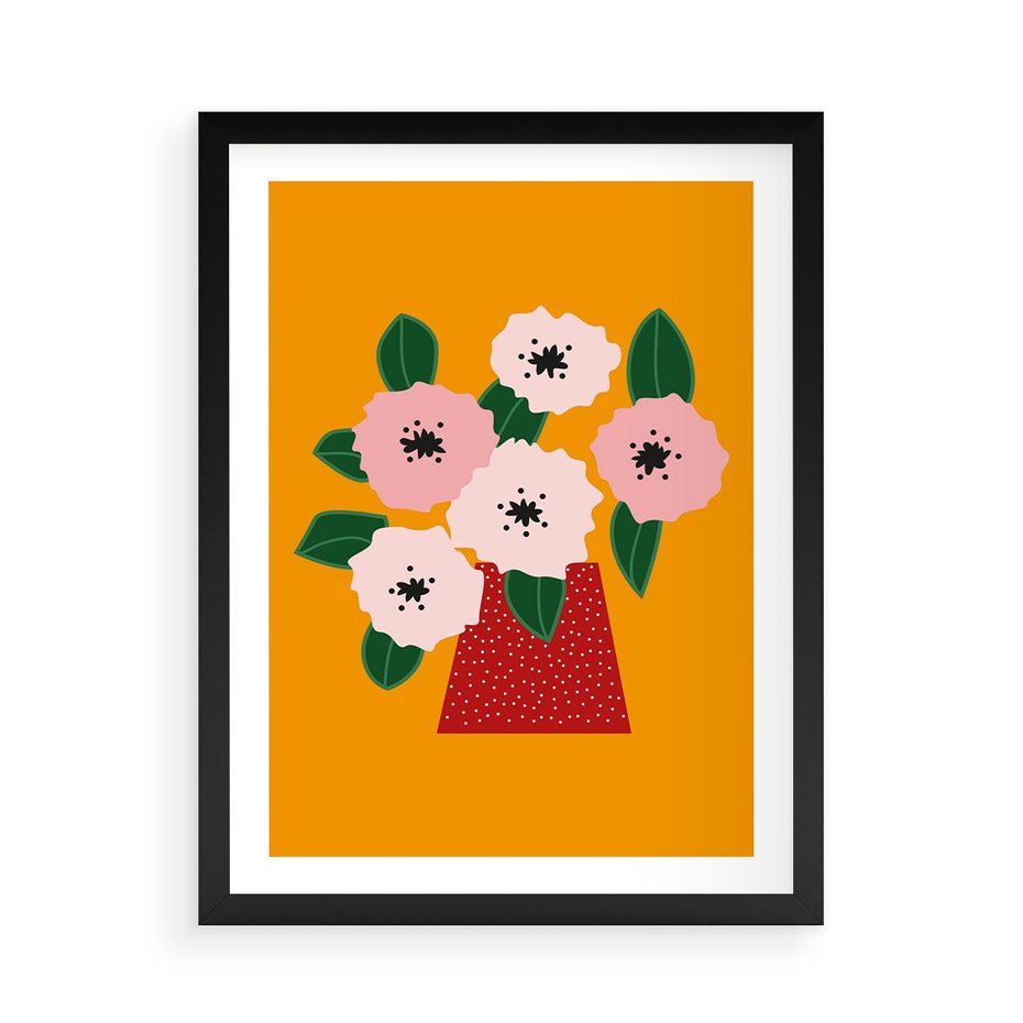 Plakat w ramie 50x70 - Harmonijne Granice - abstrakcyjne kwiaty, żółte tło - rama czarna