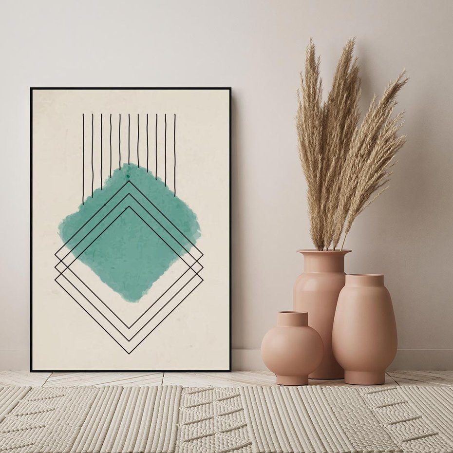 Obraz w ramie 70x100 - Impresje Przestrzeni - akwarelowa plama, geometryczne szkicowane kształty - rama czarna