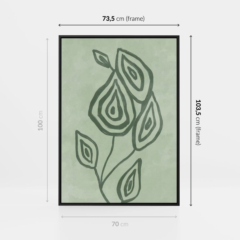 Obraz w ramie 70x100 - Szmaragdowy Oddech - abstrakcyjne delikatne zielone linie, podobne do gałęzi kwiatów - rama czarna