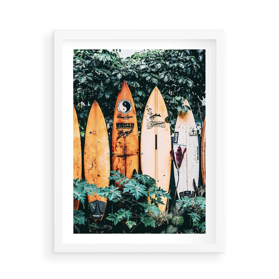 Plakat w ramie 50x70 - Surfowanie w Harmonii z Naturą - deski surfingowe, oparte o rośliny - rama biała