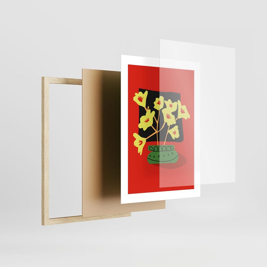 Plakat w ramie 30x40 - Abstrakcyjne Przenikanie - abstrakcyjne kwiaty, czerwone tło - rama drewno